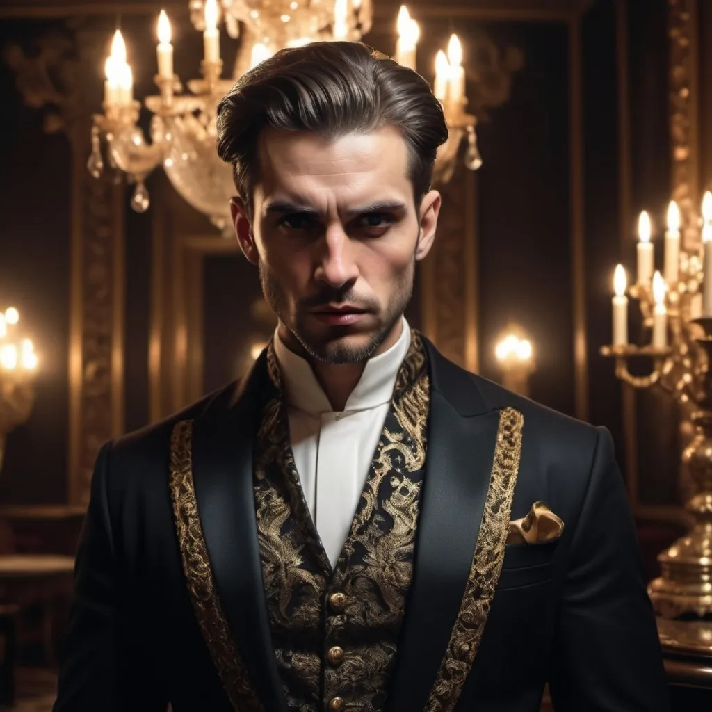 Prompt: (narcissistic man hungry for praise, arrogant and mocking others), (dramatic expression), (intense gaze), (high-contrast lighting), opulent setting, (soft shadows), sharp features, luxurious clothing, ornate background details, mood of disdain and superiority, (dynamic posture), (4K ultra-detailed), atmosphere of tension and self-obsession.