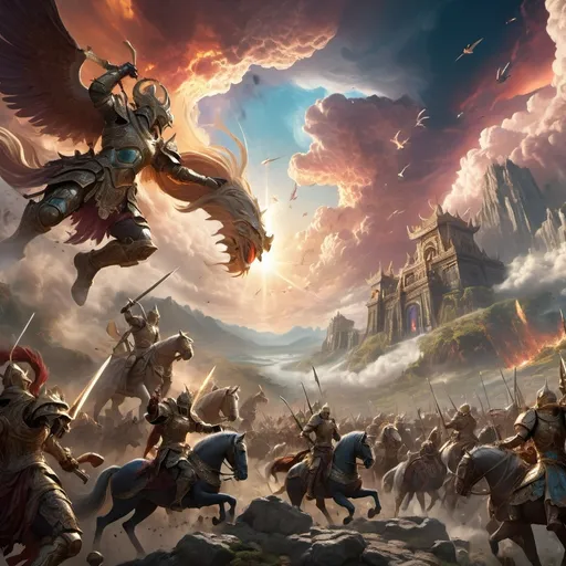 Prompt: Epic battle scene, (intense confrontation) between celestial kingdom and earthly realm, (dynamic armies clashing), vibrant skies filled with swirling clouds, dramatic lighting casting shadows, (detailed characters in ornate armor), lush terrain below depicting the earthly forces, (highly detailed, ultra-dramatic), evoking a sense of grandeur and heroism, (4K quality).