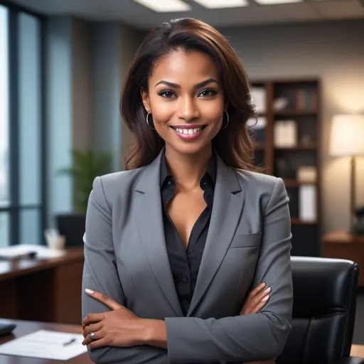 Prompt: (portrayal of a confident, beautiful career woman), (tall and poised), sophisticated attire, sharp expression, exuding authority and charisma, a hint of malice in her smile, dramatic lighting accentuating her features, backdrop of a stylish office setting, mood is powerful and intense, ultra-detailed, high quality, captivating composition.