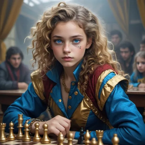 Prompt: I want a realistic picture where a nomad girl with fair skin, curly hair, and blue eyes will be in the foreground, dressed in a harlequin suit, with many people and gold in the background but all through mist. She will be playing chess and defeating her opponent.