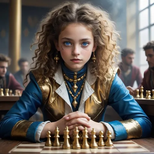 Prompt: I want a realistic picture where a nomad girl with fair skin, curly hair, and blue eyes will be in the foreground, dressed in a harlequin suit, with many people and gold in the background but all through mist. She will be playing chess and defeating her opponent.