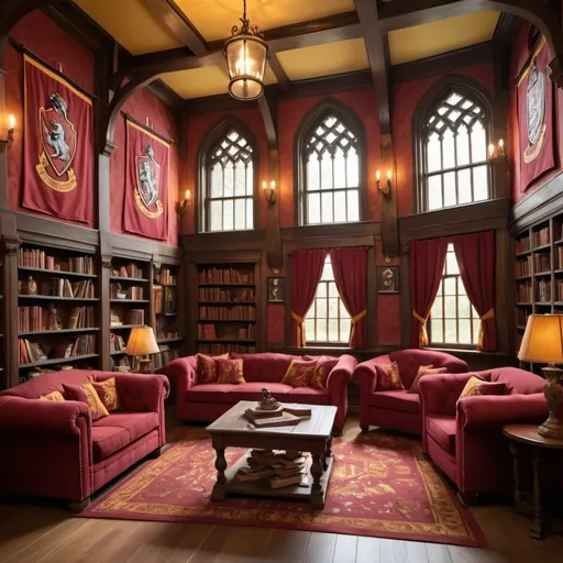 Prompt: The Gryffindor common room embodies bravery, camaraderie, and adventure, reflecting the house's ethos. The walls are adorned with warm shades of red and gold, featuring tapestries depicting courageous acts and the Gryffindor lion emblem. Large windows allow sunlight to flood the room, offering views of the Hogwarts grounds.

Furniture, designed for comfort and community, includes cozy armchairs and sofas arranged around a roaring fireplace. Soft cushions and throws in Gryffindor's colors invite relaxation and storytelling. A sturdy wooden table serves as a focal point for group activities and study sessions. Bookshelves line the walls, filled with volumes on magical creatures, heroic tales, and wizarding history.

In one corner, a trophy case proudly displays awards won by Gryffindor students for their bravery and leadership. Quidditch paraphernalia, including broomsticks and team jerseys, celebrates the house's competitive spirit. Overall, the common room exudes warmth, courage, and a sense of belonging, fostering the adventurous spirit of Gryffindor.