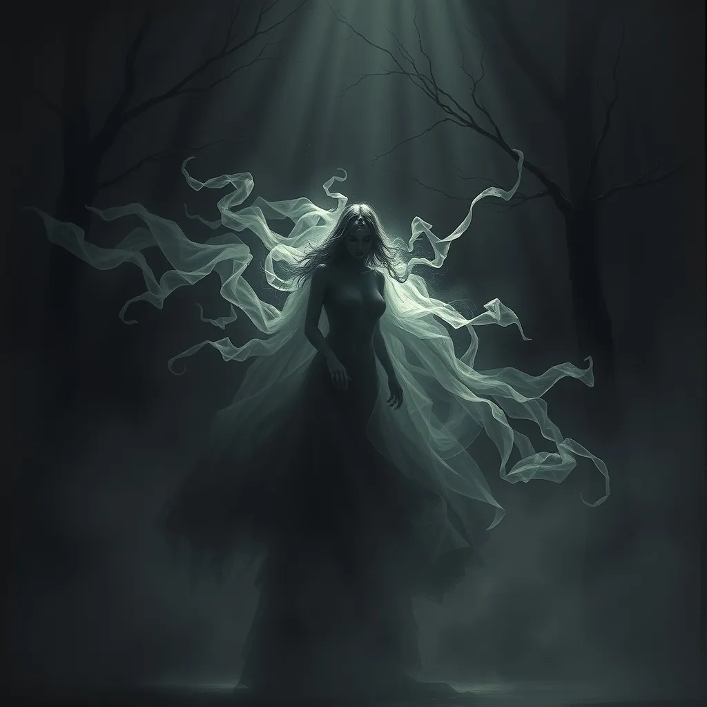 Prompt: "A haunting wisp in the forsaken echoes, silent shadows enveloping her