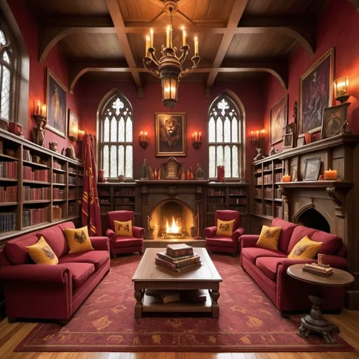 Prompt: The Gryffindor common room embodies bravery, camaraderie, and adventure, reflecting the house's ethos. The walls are adorned with warm shades of red and gold, featuring tapestries depicting courageous acts and the Gryffindor lion emblem. Large windows allow sunlight to flood the room, offering views of the Hogwarts grounds.

Furniture, designed for comfort and community, includes cozy armchairs and sofas arranged around a roaring fireplace. Soft cushions and throws in Gryffindor's colors invite relaxation and storytelling. A sturdy wooden table serves as a focal point for group activities and study sessions. Bookshelves line the walls, filled with volumes on magical creatures, heroic tales, and wizarding history.

In one corner, a trophy case proudly displays awards won by Gryffindor students for their bravery and leadership. Quidditch paraphernalia, including broomsticks and team jerseys, celebrates the house's competitive spirit. Overall, the common room exudes warmth, courage, and a sense of belonging, fostering the adventurous spirit of Gryffindor.