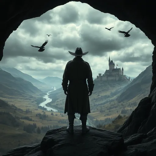 Prompt: "A man stands at the entrance of a cave on a rocky ledge, viewed from behind as if the observer is standing just behind him. The man is dressed in medieval attire, with a long, tattered coat and an old, wide-brimmed hat that casts a shadow over his figure. Below the ledge, a vast, eerie valley stretches out, filled with twisted fields, darkened small forests, and a serpentine river that glimmers faintly in the dim light. Across the valley, a towering, ancient medieval castle looms atop a distant mountain peak. The scene is drenched in a chilling sense of dread, as dark, swirling clouds gather menacingly above the castle. Black birds, perhaps ravens or crows, circle ominously in the sky, adding to the sense of impending doom. The overall atmosphere is haunting and foreboding, as if a dark presence is watching from the shadows."