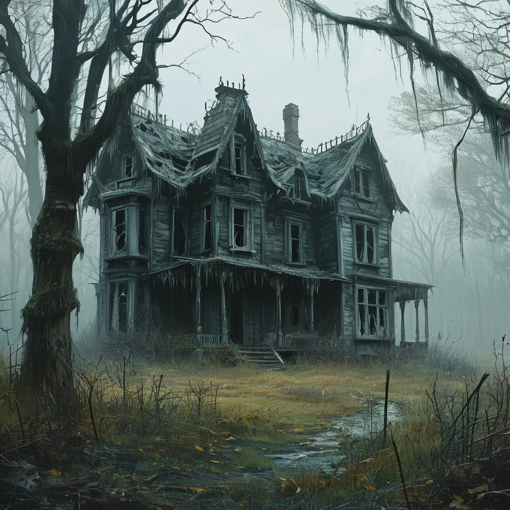 Prompt: A dilapidated, haunted house standing alone in the middle of a dense, foggy forest. The windows are shattered, the roof is partially caved in, and eerie shadows dance in the broken windows. Cobwebs hang from the corners, and the entire scene is bathed in a ghostly, pale light."