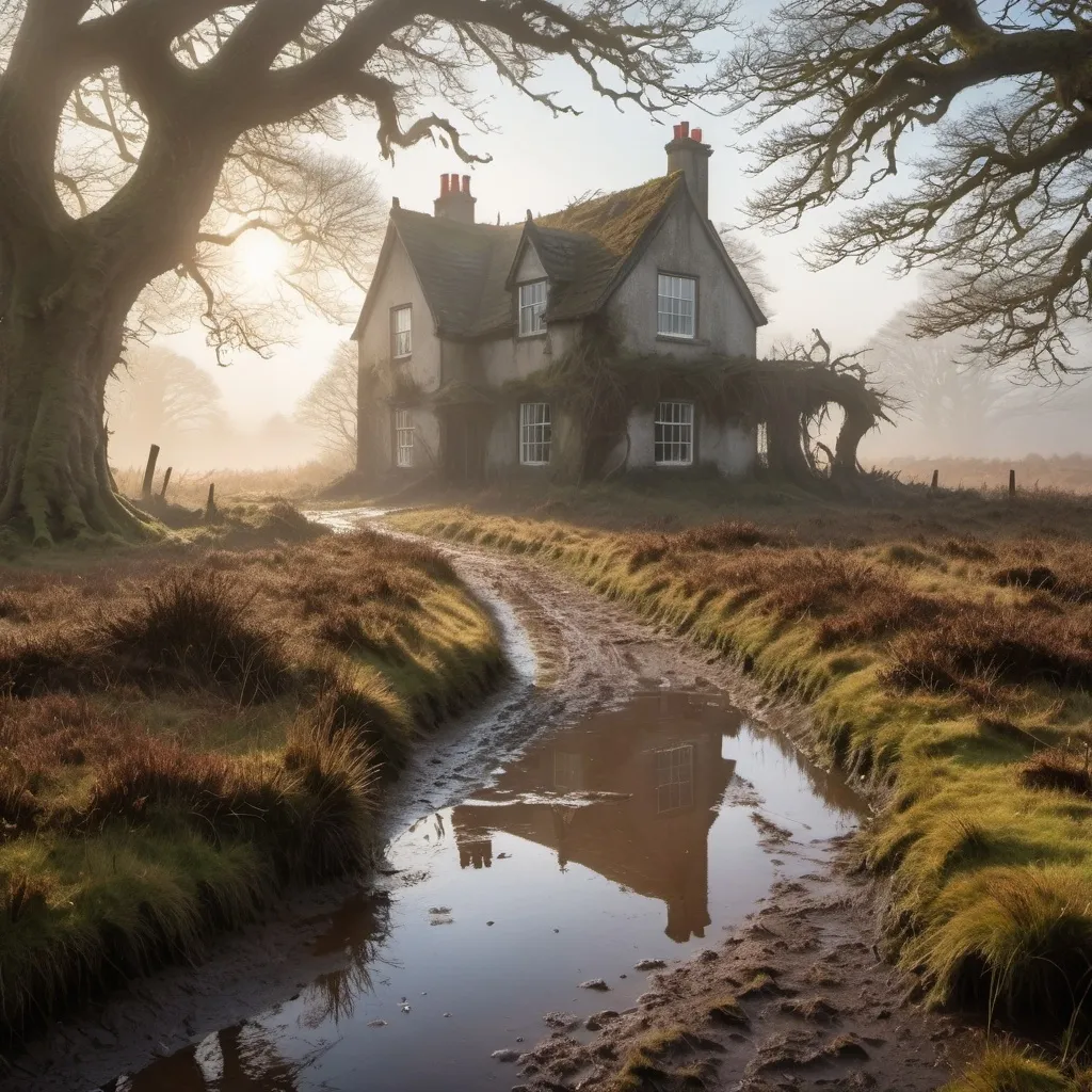 Prompt: Creepy house in a moorland landscape. The evening sun is only vaguely visible behind the wafts of mist. The soggy ground is interspersed with muddy puddles and damp vegetation. An old gnarled oak tree stands along a muddy path that leads to the building.