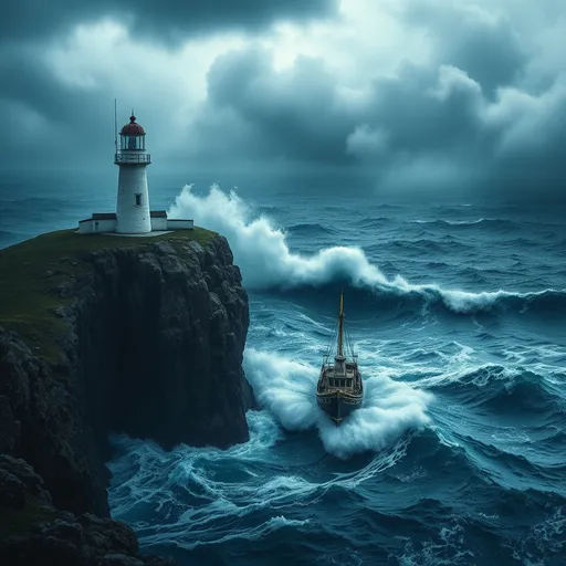 Prompt: Lighthouse on a storm-battered cliff, (dramatic waves crashing), (struggling high-sea fishing boat) braving the tumultuous sea, (intense storm clouds) swirling ominously overhead, (dynamic lighting) highlighting the power of nature, (cold color palette) of deep blues and greys, (high detail) capturing the raw energy and resilience of marine life, (cinematic atmosphere) evoking a sense of adventure and survival.