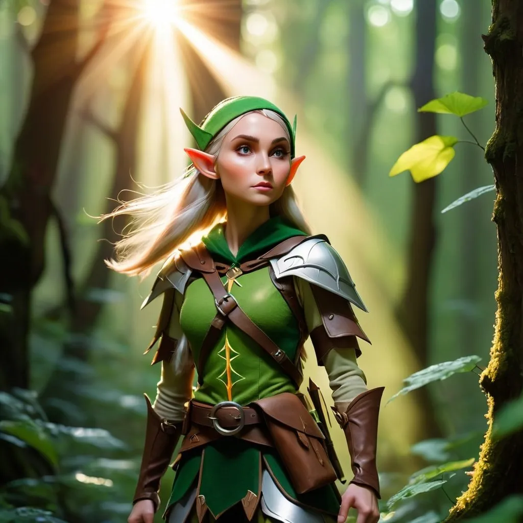 Prompt: Elf ranger in a mystical forest around sunlight