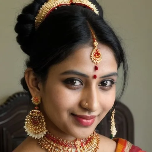 Prompt: The image shows a woman dressed in traditional Indian attire, adorned with elaborate jewelry including a headpiece (Maang Tikka), a choker necklace, earrings, and what appears to be a Saree with detailed embroidery. The woman is posing for the camera with a slight smile. There is a blurred background with some text, but it is not clear enough to be legibly extracted or translated.
