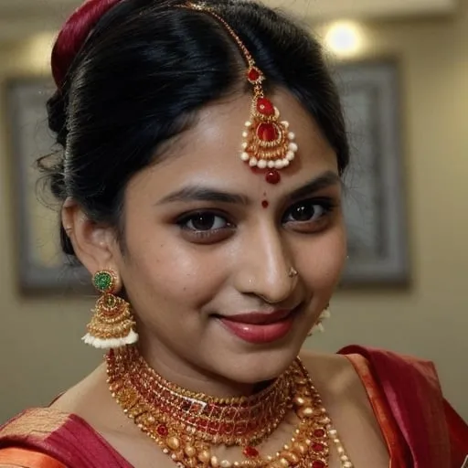 Prompt: The image shows a woman dressed in traditional Indian attire, adorned with elaborate jewelry including a headpiece (Maang Tikka), a choker necklace, earrings, and what appears to be a Saree with detailed embroidery. The woman is posing for the camera with a slight smile. There is a blurred background with some text, but it is not clear enough to be legibly extracted or translated.