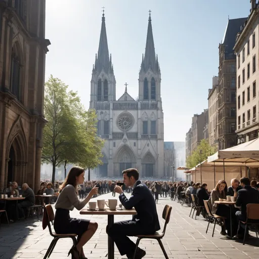 Prompt: Imagine a bustling city scene: in the foreground, a couple enjoying coffee, taking in the surroundings. Behind them, a majestic cathedral looms, surrounded by a bustling crowd.