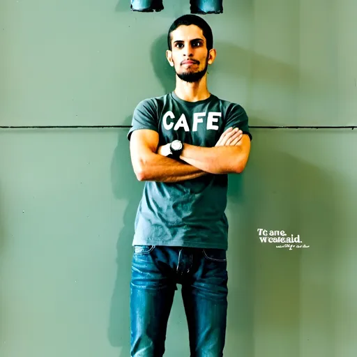 Prompt: A man standing and back photo cafe