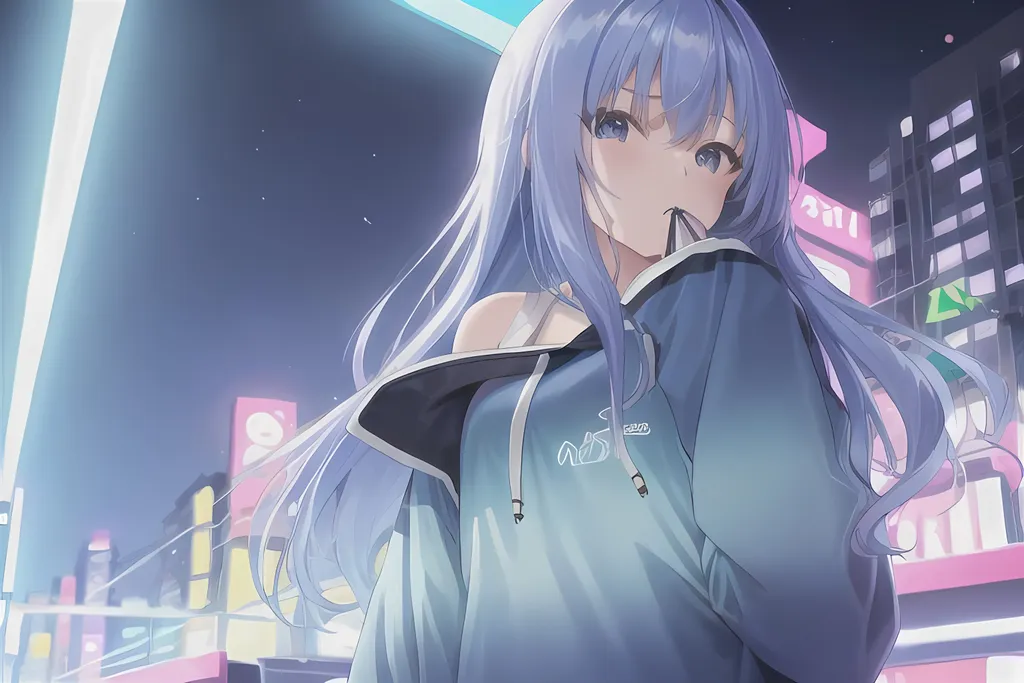 Prompt: young women, wearing sweatshirt, cropped at chest line, long blue hair, hands in hair, facing away from camera, mouth slightly open, neon city environment, 4k, hyper anime