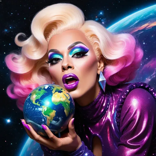 Prompt: Drag queen biting into planet in space, digital art, galaxy background, vibrant colors, surreal, cosmic glam, high quality, detailed, extravagant makeup, sparkling costume, dramatic lighting, surreal, cosmic, vibrant colors, glamorous,album cover