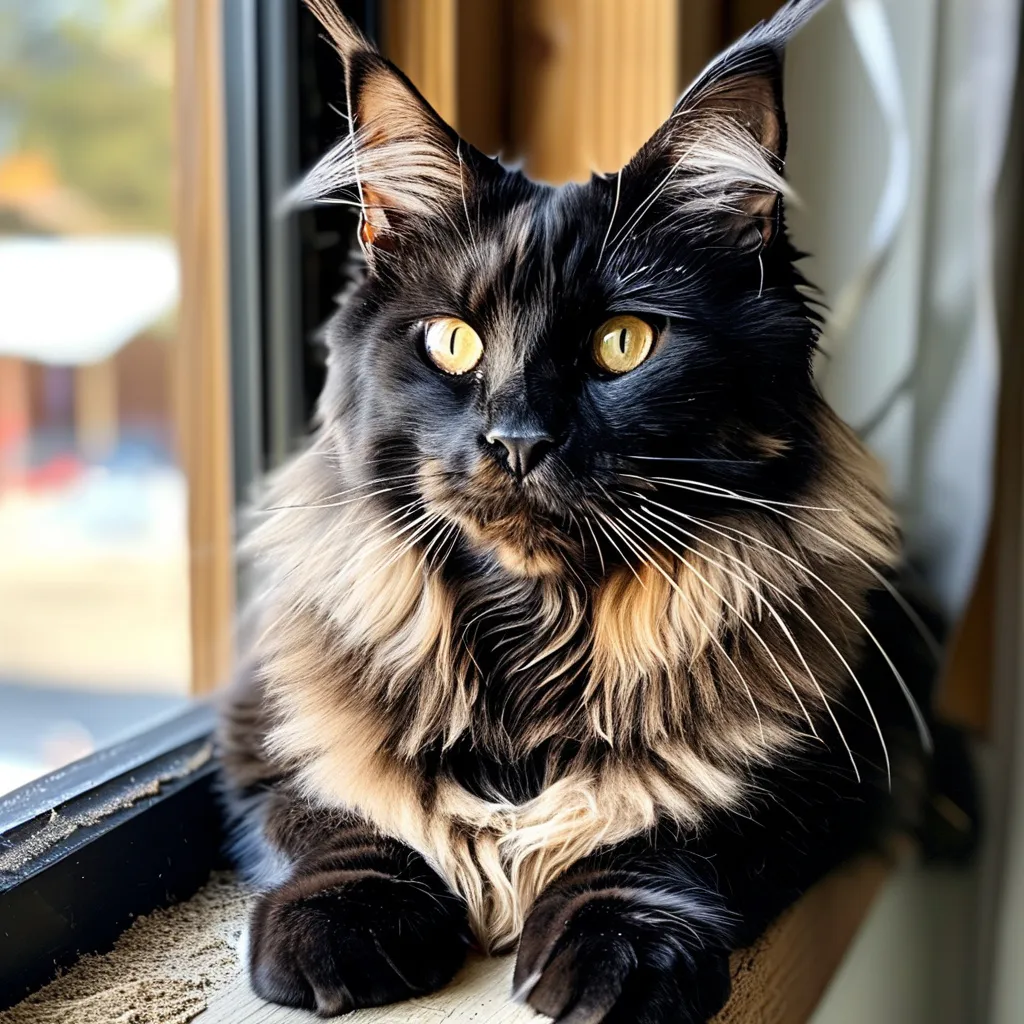 Prompt: Create a black Maine Coon in front of a window beach and bokeh