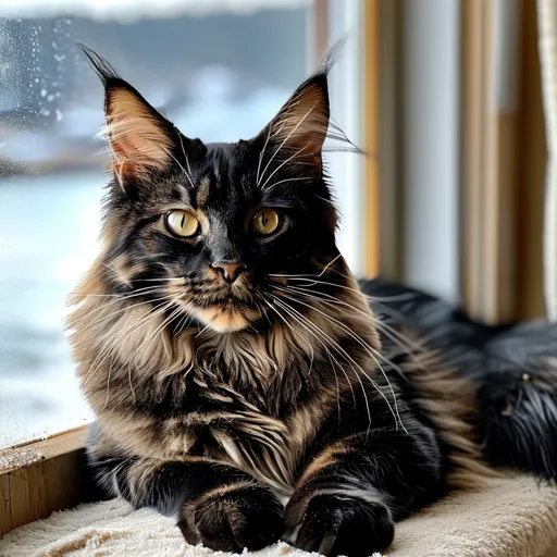 Prompt: Create a black Maine Coon in front of a window beach and bokeh