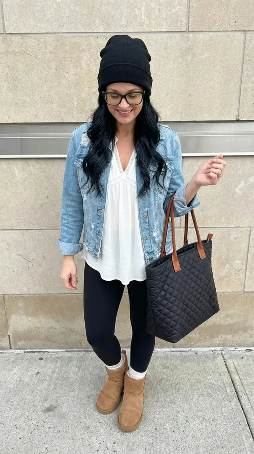 Prompt: This photograph captures this exact woman standing outdoors against a beige stone wall with a horizontal metal strip. She has black hair and is smiling as she looks slightly downward. She is wearing a black slouched beanie. Her outfit includes a light blue, distressed denim jacket with rolled-up sleeves, a white, loose-fitting, V-neck blouse with lace trim at the bottom, and black leggings. She is also wearing light brown, suede Ugg boots with white socks. In her right hand, she holds the handle of a large, black quilted tote bag with brown leather handles. Her left hand is raised slightly, displaying a relaxed posture. The ground is a gray concrete sidewalk, and the lighting suggests it is a cool, possibly winter day. The overall style of the photograph is casual and fashionable, highlighting a cozy, yet trendy winter look. The image has a natural, candid feel, with soft colors and textures that emphasize warmth and comfort. The photograph is taken from a slight downward angle, adding a dynamic perspective to the composition.  Keep her glasses on.