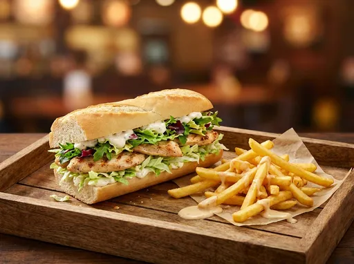 Prompt: Ultra realistic high-resolution food photo of a PAIN FRANÇAIS POULET meal for a fast-food web menu. In the center, a French bread chicken sandwich placed on a rustic wooden tray: a soft baguette-style French roll filled with marinated grilled chicken strips, fresh iceberg lettuce and a little mixed salad, with creamy sauce clearly visible inside. On the wooden tray beside the sandwich, a portion of golden crispy fries served loose on the tray (not in a box), some resting on a small piece of parchment paper, with creamy sauce drizzled over the fries and a little sauce pooling between them to look very appetising. Background is a softly blurred, beautiful warm restaurant scene with light bokeh, so the food stays in sharp focus and stands out. No drink, no people, no extra props, no text or logos in the image. Hyper-realistic, sharp focus on the food, vivid colours, professional food photography, 4:3 aspect ratio (around 10
