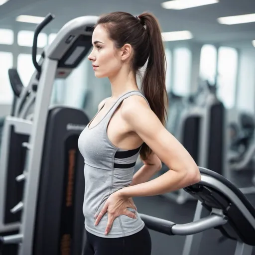 Prompt: A woman in gym with hyper kyphosis deviation 