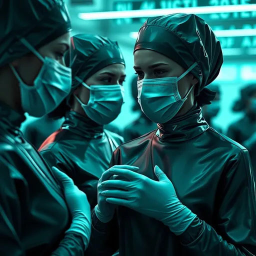 Prompt: (futuristic-sci-fi style) nurse handmaidens, (cool color scheme) with dark green and silver sterile clothing, hair tucked neatly into hairnets or scrub caps, surgical masks tightly fastened over their faces, gloves secured fittingly over their hands, setting a scene of transformation from individuality to uniformity, (ultra-detailed), glossy surfaces and atmospheric, futuristic environment, ethereal lighting to enhance the mood.