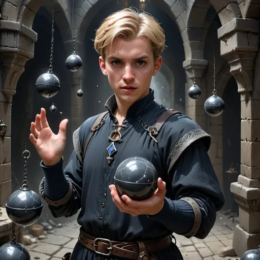 Prompt: photorealistic, a late 20's man with a mischievous expression, short blonde hair slicked up, dressed in a dark blue tunic, dark grey chainmail peeking from his sleeves, multiple pouches throughout the outfit, hint of magic in his fingers, skillfully contact juggling a obsidian grey stone orb (about the size of a child's marble), ready to throw it at a moment's notice, (dungeon setting) with numerous small throwable items, mysterious shadows, 4K, ultra-detailed atmosphere.