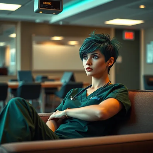 Prompt: (realism style photo), female surgeon, (cool color scheme), messy pixie cut green hair, reclining on couch, wearing dark green scrubs , glaring at overhead intercom paging her back to work, personnel lounge ambiance, soft lighting, relaxed atmosphere, high detail, ultra-detailed, modern setting, refreshingly casual, (inviting and cozy) environment.