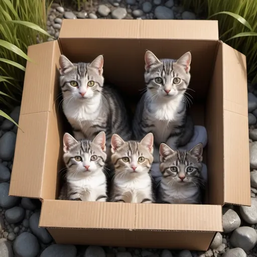 Prompt: (realistic and gloomy scene) A grey tabby cat, 2 years old, sitting gracefully in a soggy cardboard box with 6 very tiny adorable, 2-week-old grey and white tabby kittens nestled close by. (Cold ambiance) Two soft blankets inside the box provide warmth. The background features a gravel path highlighted by little sunlight and puddles of rainwater inside, surrounded by yellowish tall grass that gently sways in a soft breeze. (highly detailed, ultra-detailed illustration)