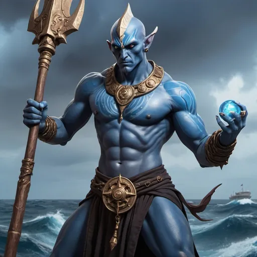 Prompt: A triton warlock wielding a spear. He has blue skin with black eyes. He weilds an large spear and stands on the deck of a large ship. He is bare chested but wears a medallion of Thassa around his neck. His head is bald.