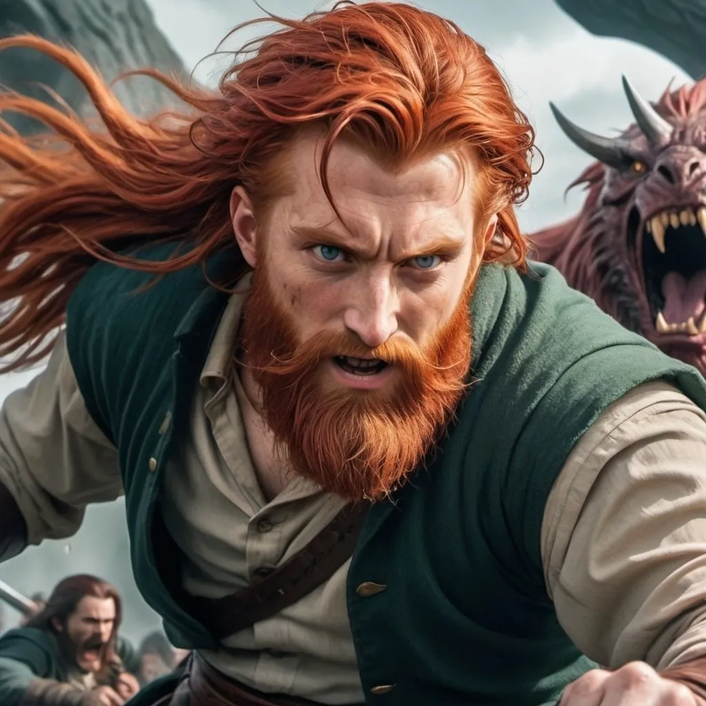 Prompt: anime 90's style, redhead beard and hair, fighting scene against big monster, Tolkien character, great art, 4k, beautiful, 