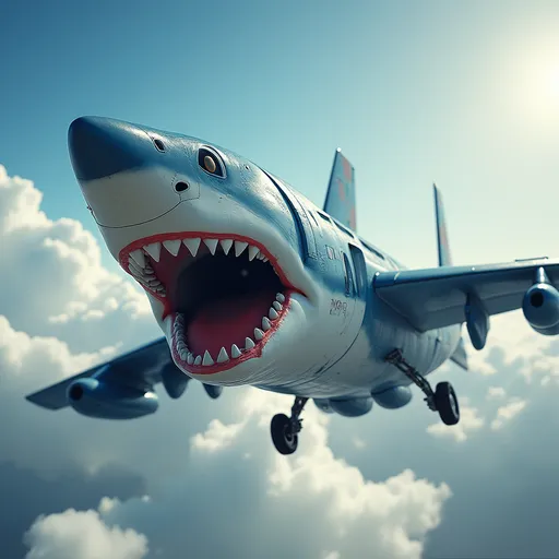 Prompt: A shark head fused with a military airplane with blue nike shoes flying everywhere