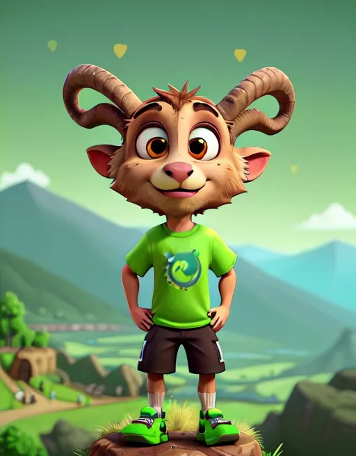 Prompt: mouflon with horns in body of man,  wearing salomon sneakers, sweaty, wearing a bright green t-shirt, green hills can be seen in the background. 