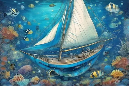 Prompt: Sailing universe blue color underwaterworld