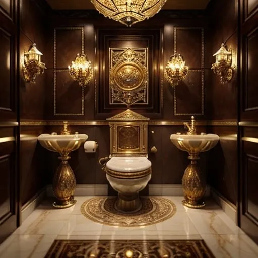 Prompt: Detailed 3D rendering of a grand toilet, antique gold and rich mahogany, intricate sand particles, dramatic lighting, high resolution, realistic, epic fantasy, time object, ancient, ornate design, vintage, rich tones, majestic presence, luxurious, captivating detail, mystical atmosphere