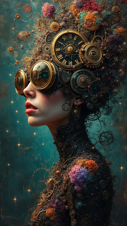 Prompt: Envision a glitch portrait of a steampunk woman, his goggles dissolving into digital noise and her form flickering between dimensions. The background is a chaotic mix of distorted pixels and fragmented clockwork mechanisms, creating a mesmerizing and unsettling effect, rendered in a hyper-detailed, psychedelic style reminiscent of Alex Grey and Ernst Haeckel, with vibrant colors and intricate textures, creating a mesmerizing and otherworldly atmosphere.