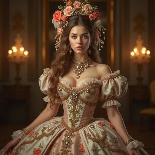Prompt: A breathtakingly realistic portrait of a big breasted young woman in an ornate Rococo gown, captured with cinematic lighting and ultra-sharp detail. Her dress is crafted from shimmering pastel silks with intricate floral embroidery and a wide pannier skirt that fans outward in grand elegance. The bodice is tightly fitted, richly decorated with jewels and lace trim, emphasizing her full figure and showing deep cleavage. Her long, wavy hair cascades over her shoulders, styled into a towering coiffure crowned with elaborate ribbons, roses, and gemstones, radiating the extravagance of 18th-century France. The warm glow of chandeliers and gilded interiors surrounds her, creating a dramatic, high-contrast atmosphere. Every element of fabric, jewelry, and embroidery is rendered with exquisite texture and vibrant color, producing a photorealistic masterpiece of luxury and beauty.