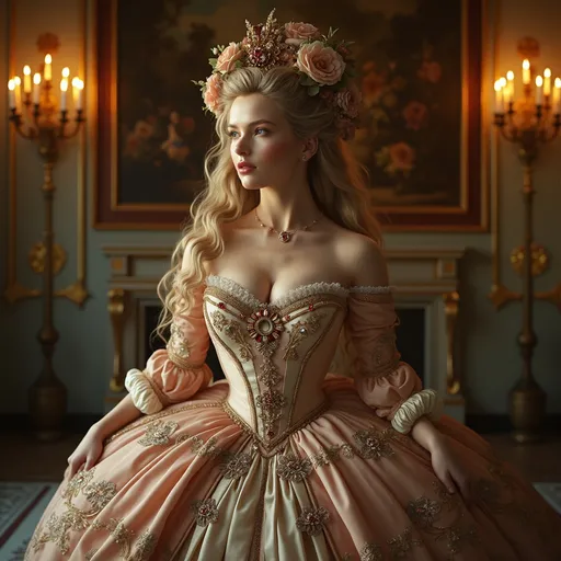 Prompt: A breathtakingly realistic portrait of a big breasted young woman in an ornate Rococo gown, captured with cinematic lighting and ultra-sharp detail. Her dress is crafted from shimmering pastel silks with intricate floral embroidery and a wide pannier skirt that fans outward in grand elegance. The bodice is tightly fitted, richly decorated with jewels and lace trim, emphasizing her full figure and showing deep cleavage. Her long, wavy hair cascades over her shoulders, styled into a towering coiffure crowned with elaborate ribbons, roses, and gemstones, radiating the extravagance of 18th-century France. The warm glow of chandeliers and gilded interiors surrounds her, creating a dramatic, high-contrast atmosphere. Every element of fabric, jewelry, and embroidery is rendered with exquisite texture and vibrant color, producing a photorealistic masterpiece of luxury and beauty.