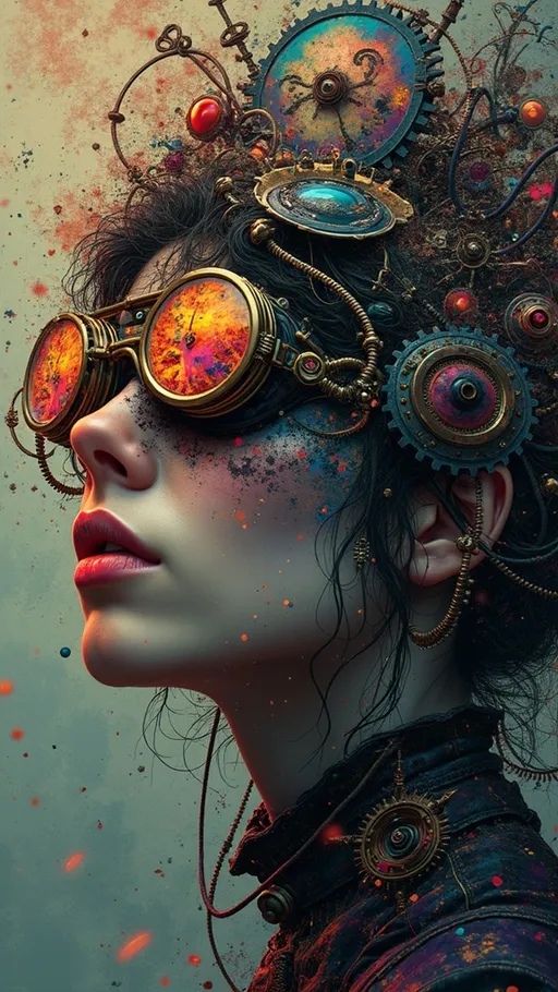 Prompt: Envision a glitch portrait of a steampunk woman, his goggles dissolving into digital noise and her form flickering between dimensions. The background is a chaotic mix of distorted pixels and fragmented clockwork mechanisms, creating a mesmerizing and unsettling effect, rendered in a hyper-detailed, psychedelic style reminiscent of Alex Grey and Ernst Haeckel, with vibrant colors and intricate textures, creating a mesmerizing and otherworldly atmosphere.