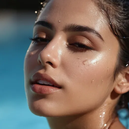 Prompt: (masterpiece), (8k, ultra detailed), layla_lux, extreme close-up of a 20-year-old Middle Eastern woman, wet skin glistening under poolside lighting, eyes closed, mouth open just slightly, expression of relaxed ecstasy, dark strands of hair clinging to her cheeks, water droplets catching light