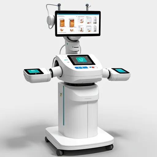 Prompt: create a sketch up drawing of a pharmacy robot that Automates the retrieval and dispensing of medications and decreases the workload during peak hours, Utilizez barcodes scanning for prescription accuracy, flags potential drug interactions and allergies, and generates alerts for unusual prescription patterns, Automates the counting of tablets and capsules, ensures accuracy in quantity during dispensing amd improves workflow and reduces wait times for patients.