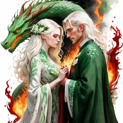 Prompt: digital watercolor painting, paint splatter, bold brush strokes, art nouveau, a targaryen wedding, semi-long white hair, detailed ornate cloth robes, royal, realistic, green and white,  dramatic, blood and fire wedding ritual, dragon motive, forbidden love