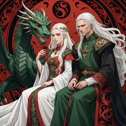 Prompt: tarot card Anime illustration, realistic, Princess Visenya and young king Aemond, white long hair, fierce, arrogant, detailed ornate cloth robe red-green-black, dramatic lighting, dragon ornaments, Targaryens, Game of Thrones theme, wedding gowns, animosity, fire