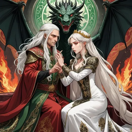 Prompt: tarot card Anime illustration, realistic, Princess Visenya and king Aemond hate each other, white long hair, fierce, arrogant, detailed ornate cloth robe red-green-black, dramatic lighting, dragon ornaments, Targaryens, Game of Thrones theme, wedding gowns, animosity, fire