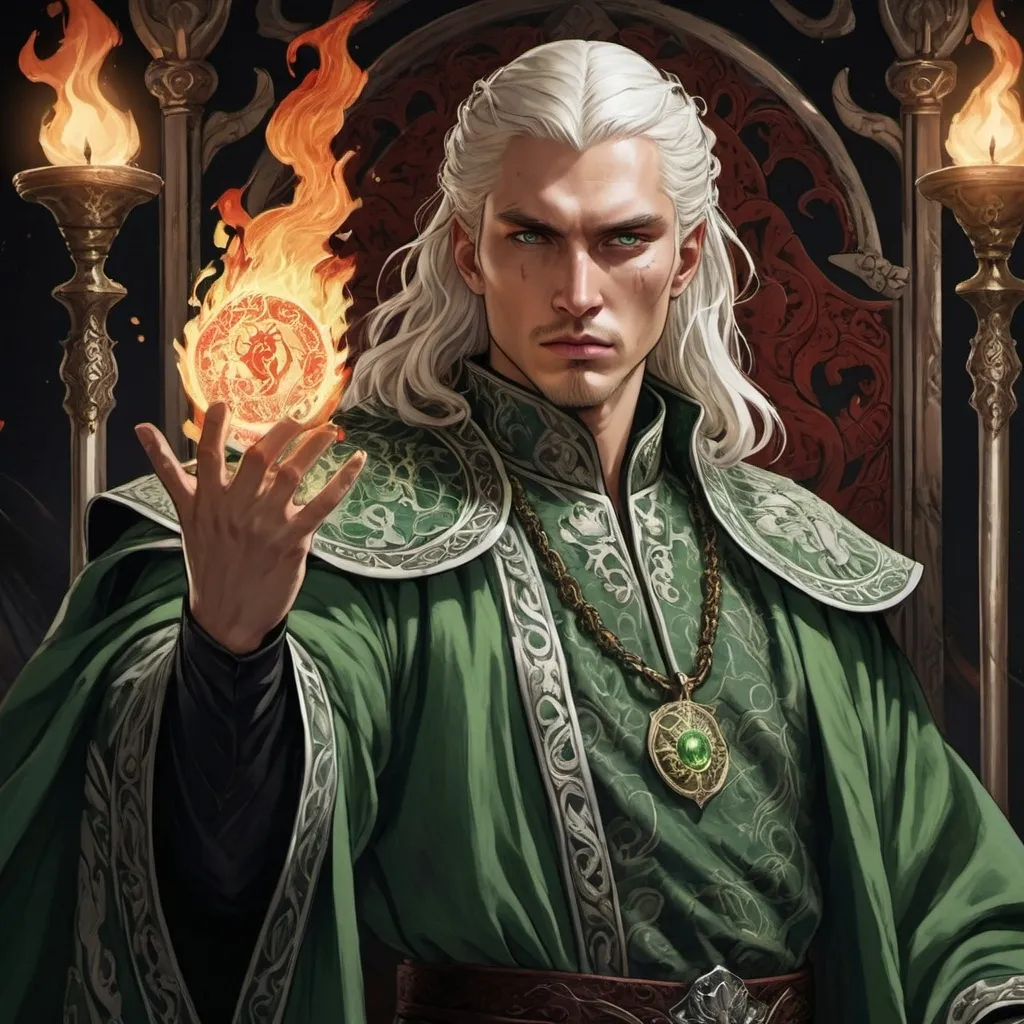 Prompt: tarot card Anime illustration, realistic, king Aemond Targaryen, white semi-long hair, fierce, arrogant, detailed ornate cloth robe green-black, dramatic lighting, dragon ornaments, Targaryens, Game of Thrones theme, wedding gowns, fire, scar on the face, sword in hands