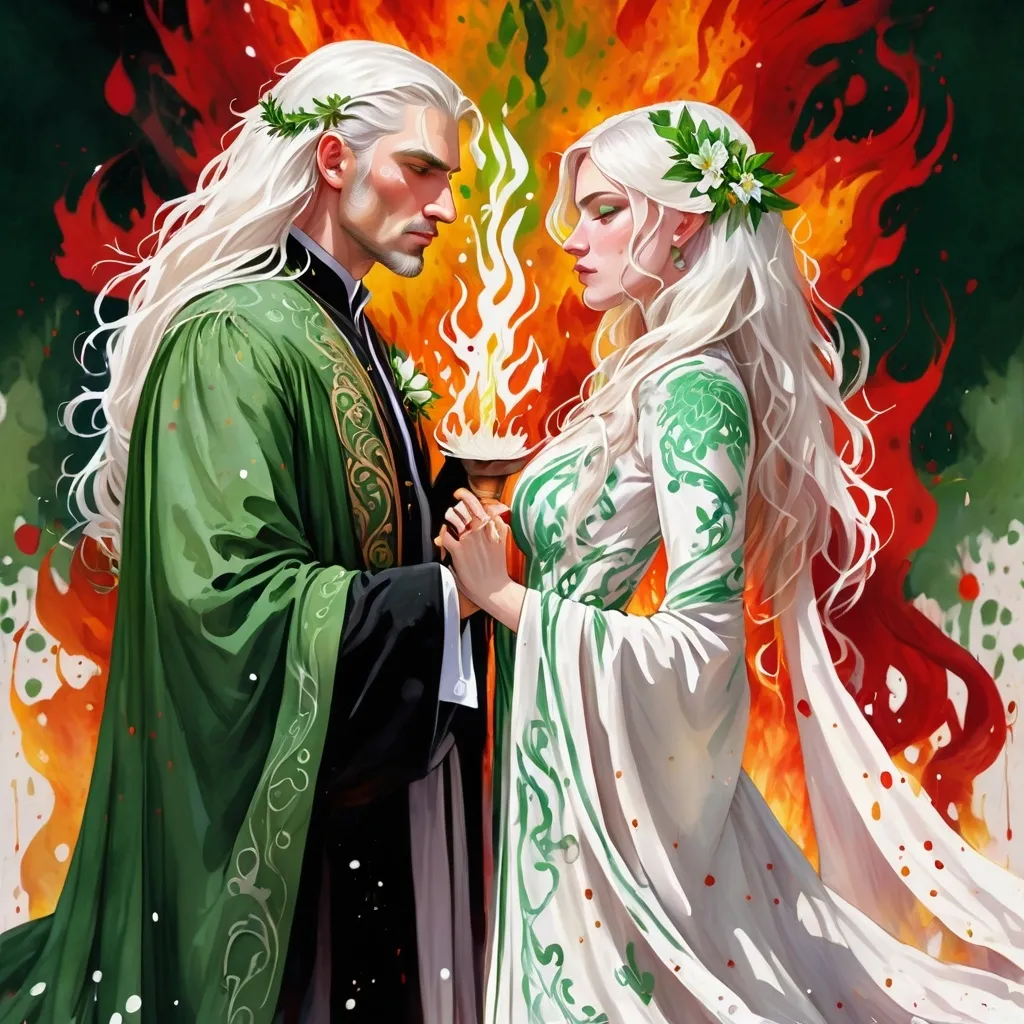 Prompt: digital watercolor painting, paint splatter, bold brush strokes, art nouveau, a targaryen wedding, semi-long white hair, detailed ornate cloth robes, royal, realistic, green and white,  dramatic, blood and fire wedding ritual