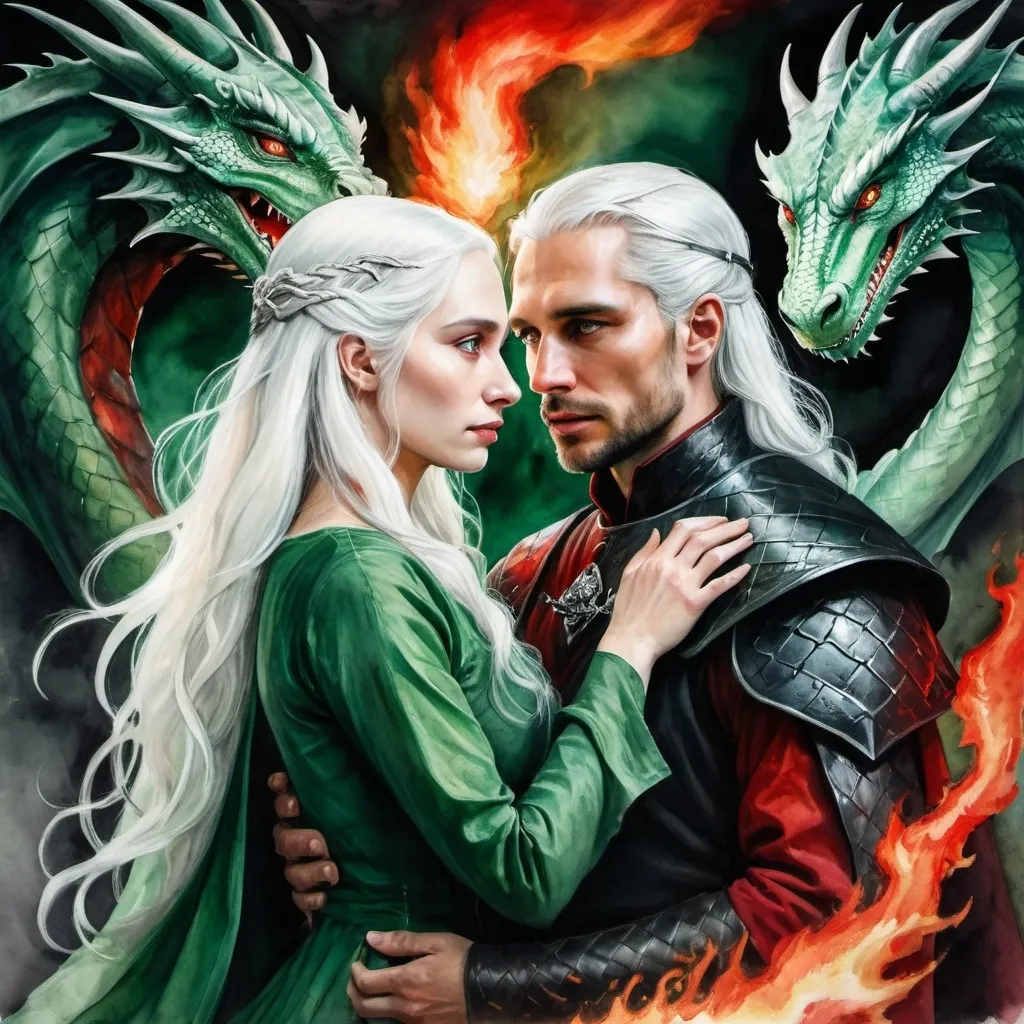 Prompt: fantasy mystical painting of two targaryens, man and woman, white hair, combination of green, red and black colours, a lot of mystery, dragons, fire, medieval setting, dramatic lighting, interesting colouring, forbidden love, watercolor