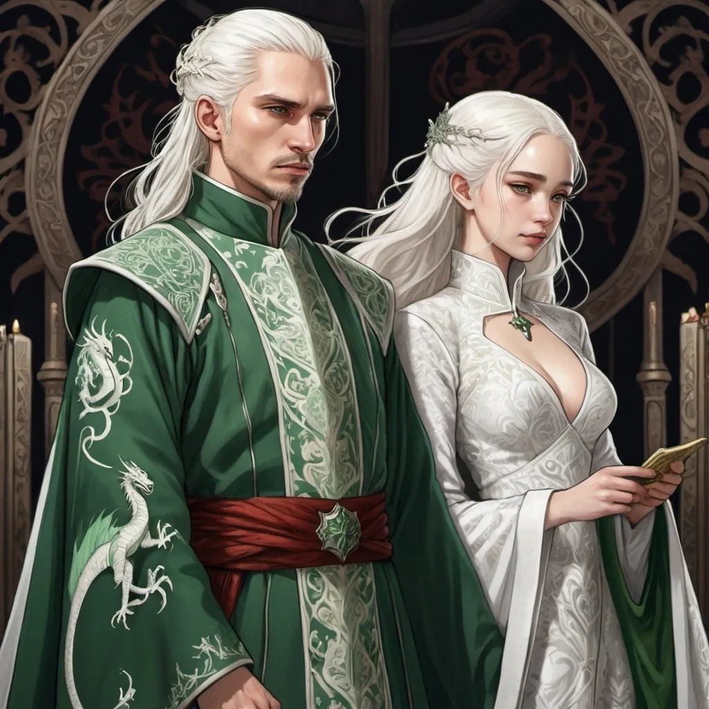 Prompt: tarot card Anime illustration, realistic, detailed ornate cloth robe, royal wedding, detail, less anime, two people, white and green colour, game of thrones themed, white longer hair, targaryen, fierce, dragons, blood, wedding ritual, valyria, hate, drama