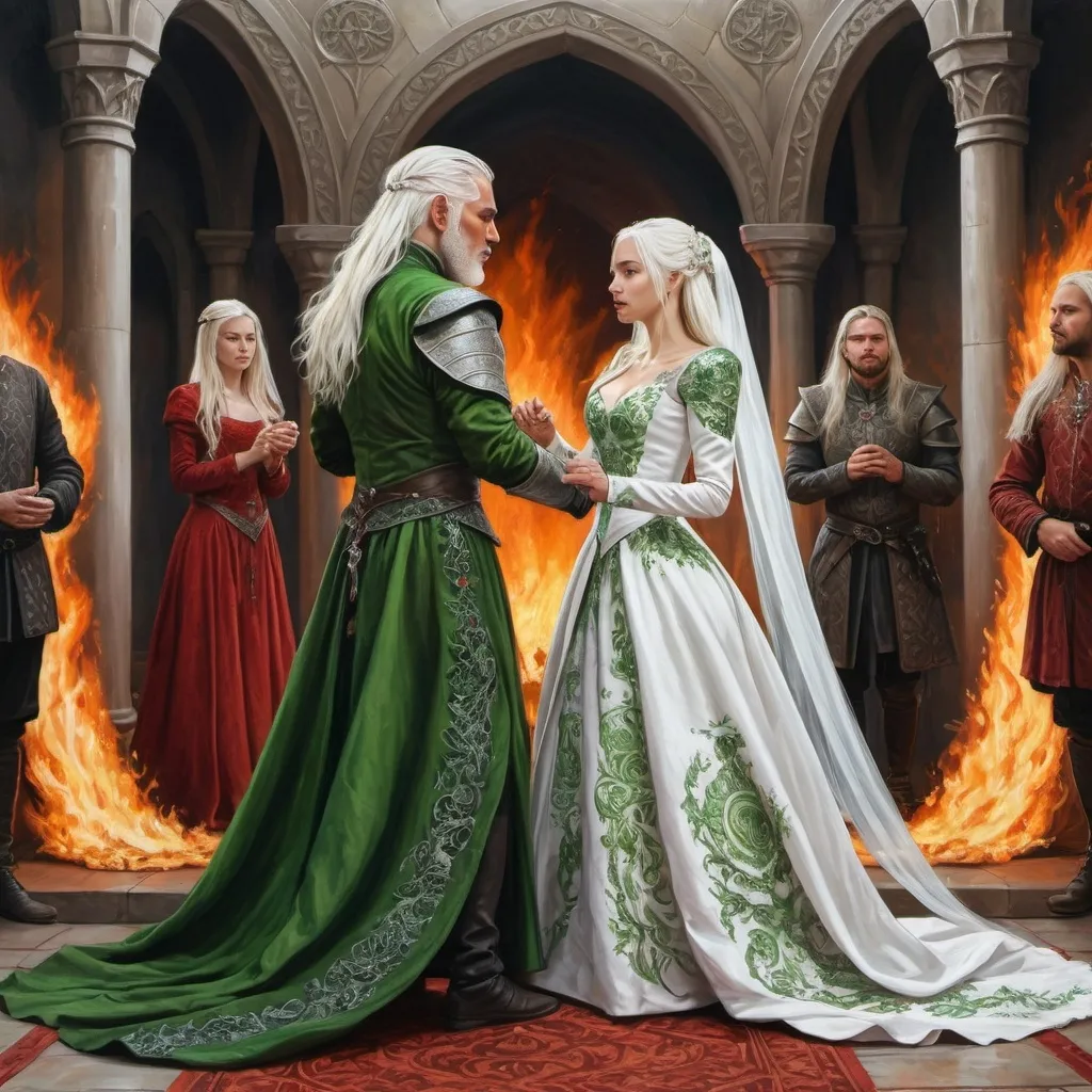 Prompt: realistic fantasy painting two Targaryens, wedding ceremony ritual, royal, extraordinary, white-hair, fire and blood, dance with dragons, green colours, medieval, detailed ornate gowns, artistic