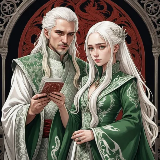 Prompt: tarot card Anime illustration, realistic, detailed ornate cloth robe, royal wedding, detail, less anime, two people, white and green colour, game of thrones themed, white longer hair, targaryen, fierce, dragons, blood, wedding ritual, valyria, hate