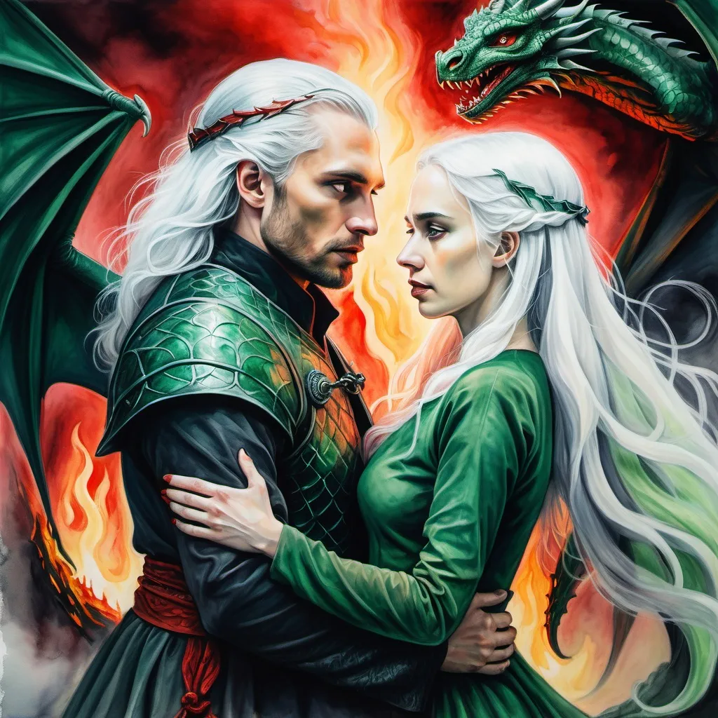 Prompt: fantasy mystical painting of two targaryens, man and woman, white hair, combination of green, red and black colours, a lot of mystery, dragons, fire, medieval setting, dramatic lighting, interesting colouring, forbidden love, watercolor